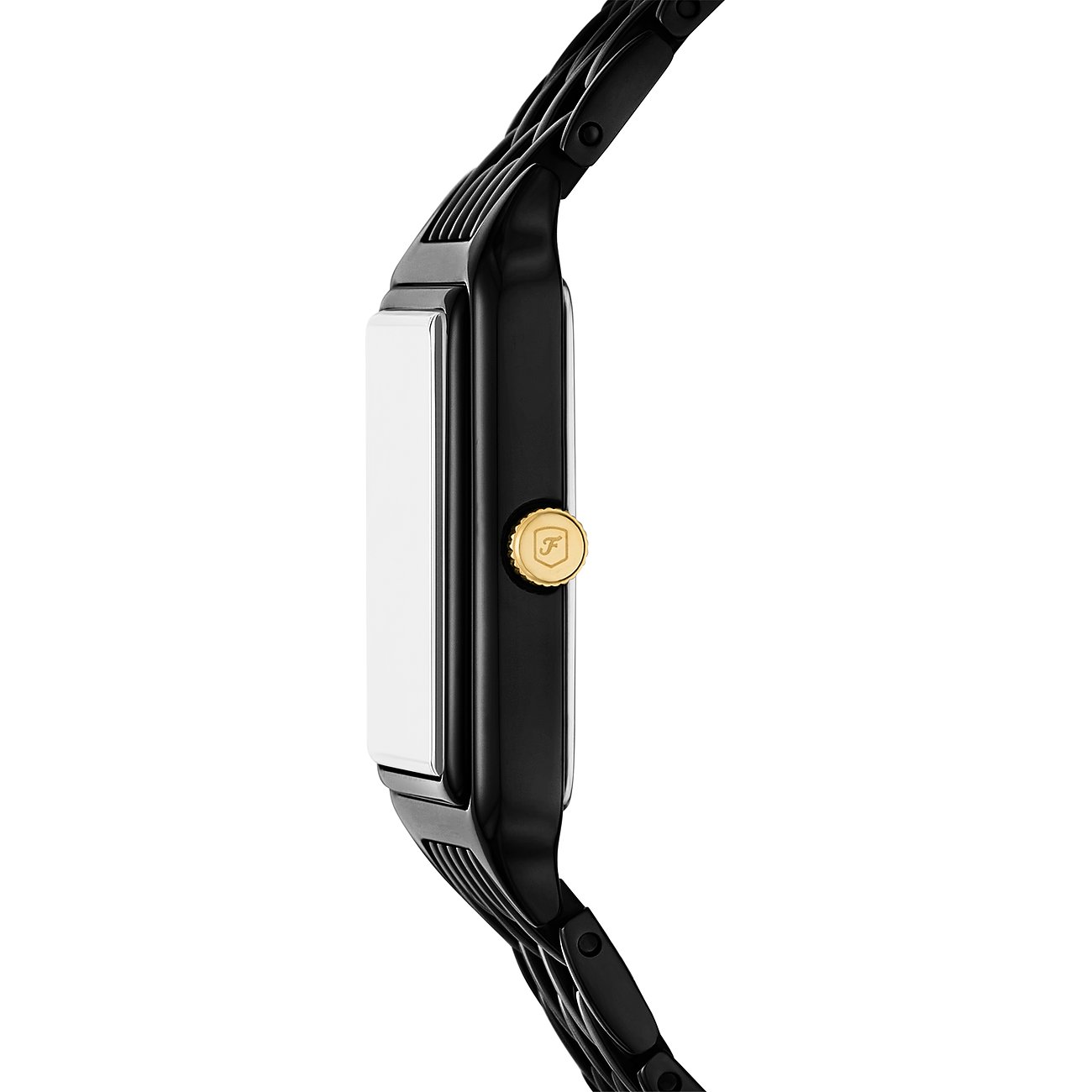 Fossil Damenuhr mit Edelstahlgehäuse, schwarzem Armband und goldfarbener Krone.