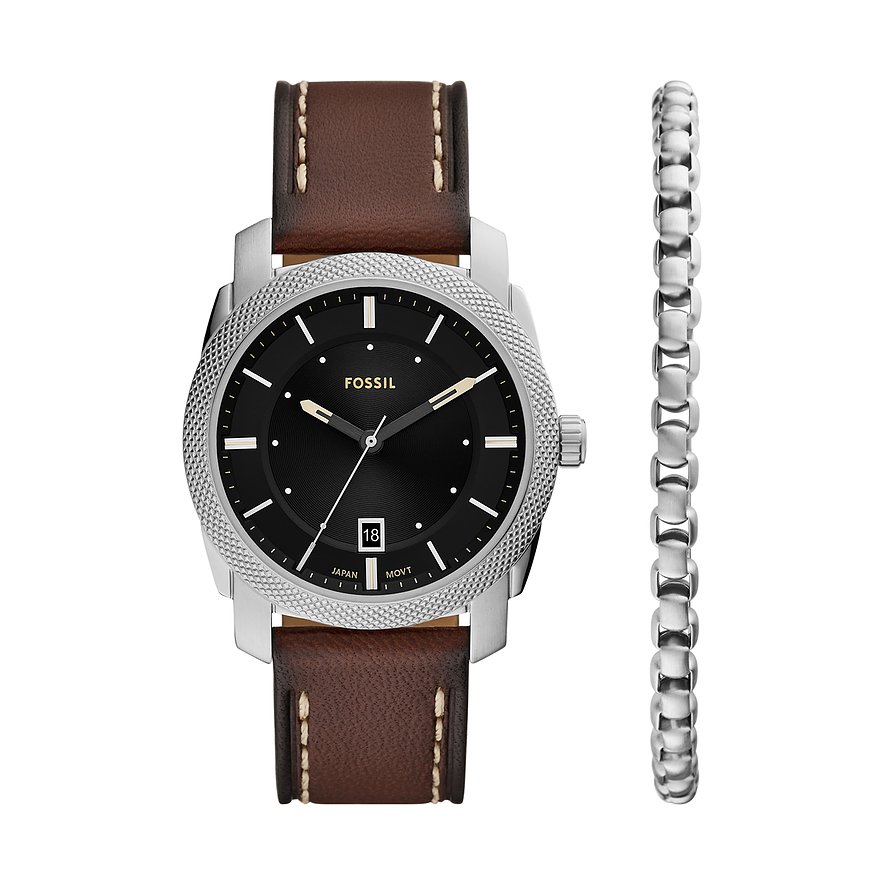 Fossil Uhren-Set MACHINE FS6081SET, Herren, Edelstahl, Armband: Leder, Quarz, analog