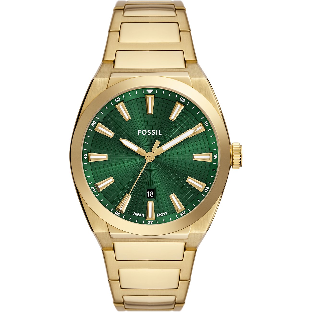Orologio da uomo Fossil con cassa in acciaio inossidabile, quadrante verde e cinturino color oro.
