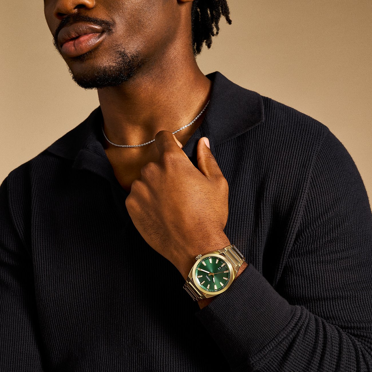 Orologio da uomo Fossil con cassa in acciaio inossidabile, quadrante verde e cassa color oro.