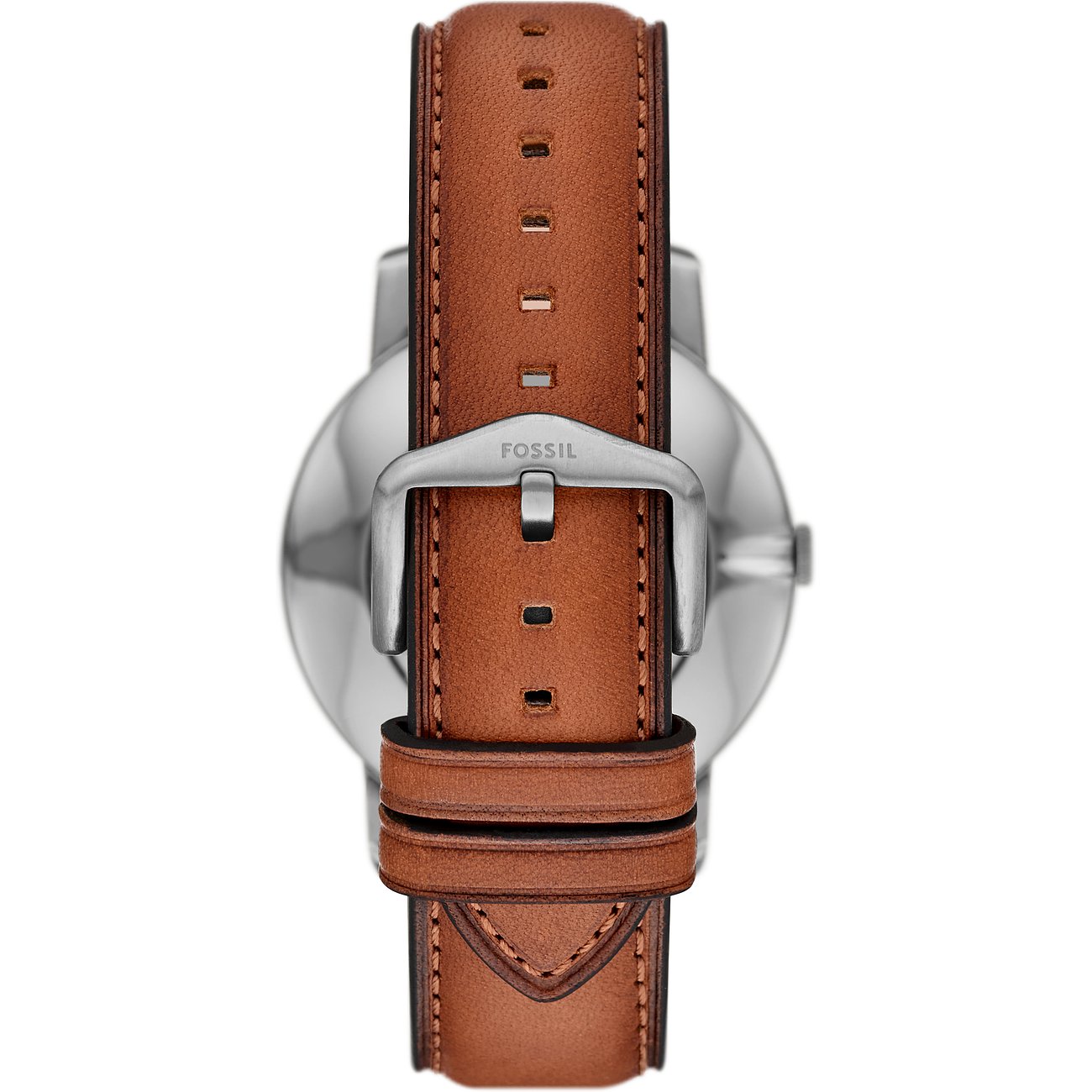 Fossil Herrenuhr mit Edelstahlgehäuse und braunem Lederarmband.