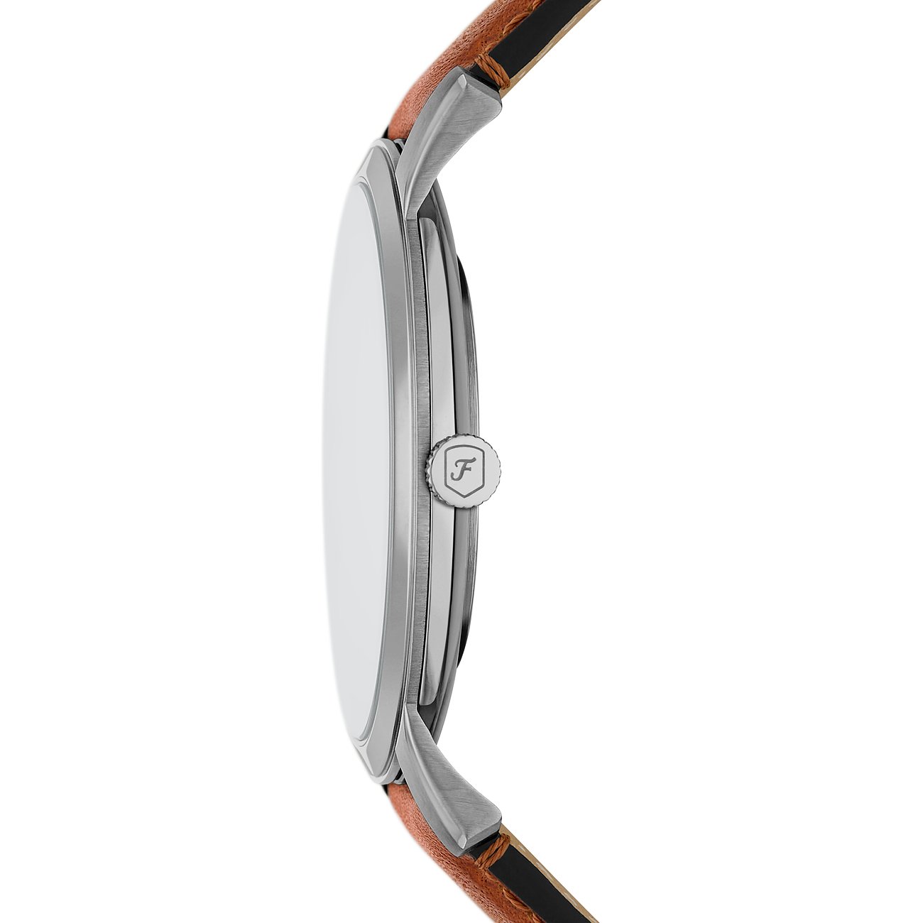 Fossil Herrenuhr mit Edelstahlgehäuse, silberfarbenes Gehäuse und braunes Armband.