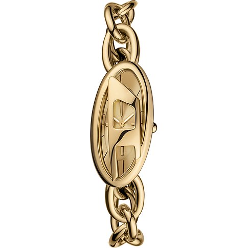 Diesel Damenuhr mit Edelstahlgehäuse und Gliederarmband, goldfarben.