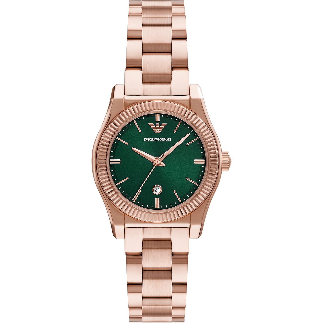 Emporio Armani Damenuhr aus roségoldfarbenem Edelstahl mit gerillter Lünette und einem grünen Zifferblatt.