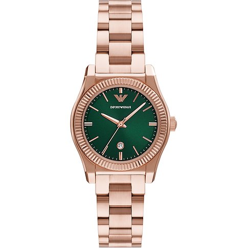 Emporio Armani Damenuhr aus roségoldfarbenem Edelstahl mit gerillter Lünette und einem grünen Zifferblatt.