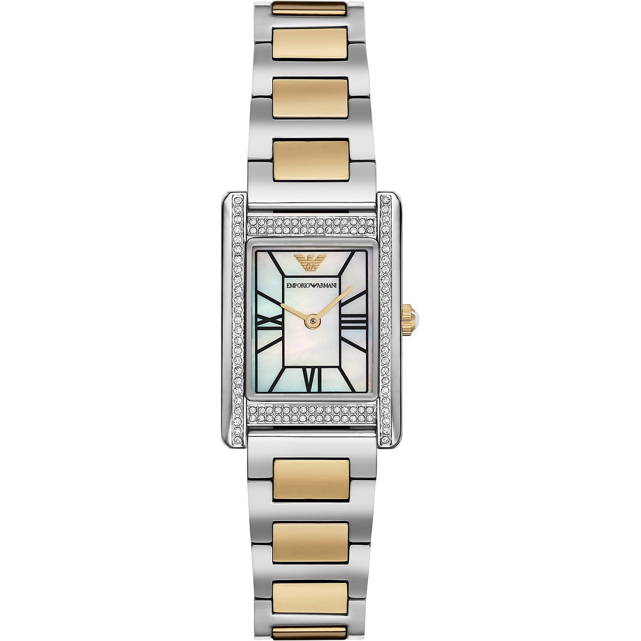 Emporio Armani Damenuhr mit Edelstahlgehäuse, bicolor, analog, mit Kristallen.