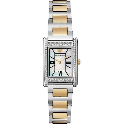 Emporio Armani Damenuhr mit Edelstahlgehäuse, bicolor, analog, mit Kristallen.