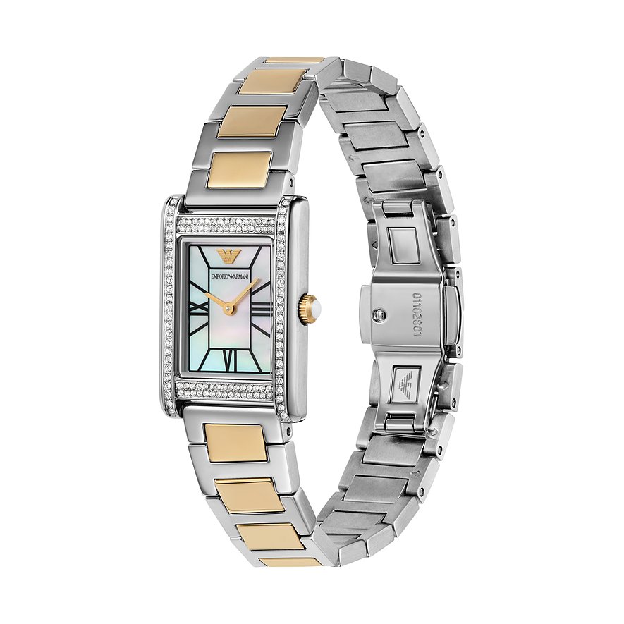 Emporio Armani Damenuhr mit Edelstahlgehäuse, bicolor, mit Zirkonia besetzt.