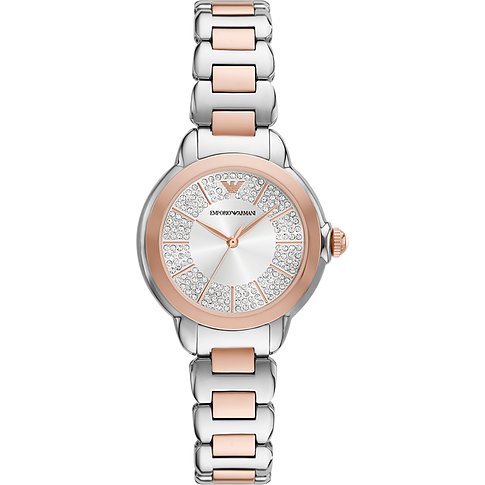 Emporio Armani Damenuhr mit Edelstahlgehäuse, bicolor, analog, mit Zirkonia besetzt.