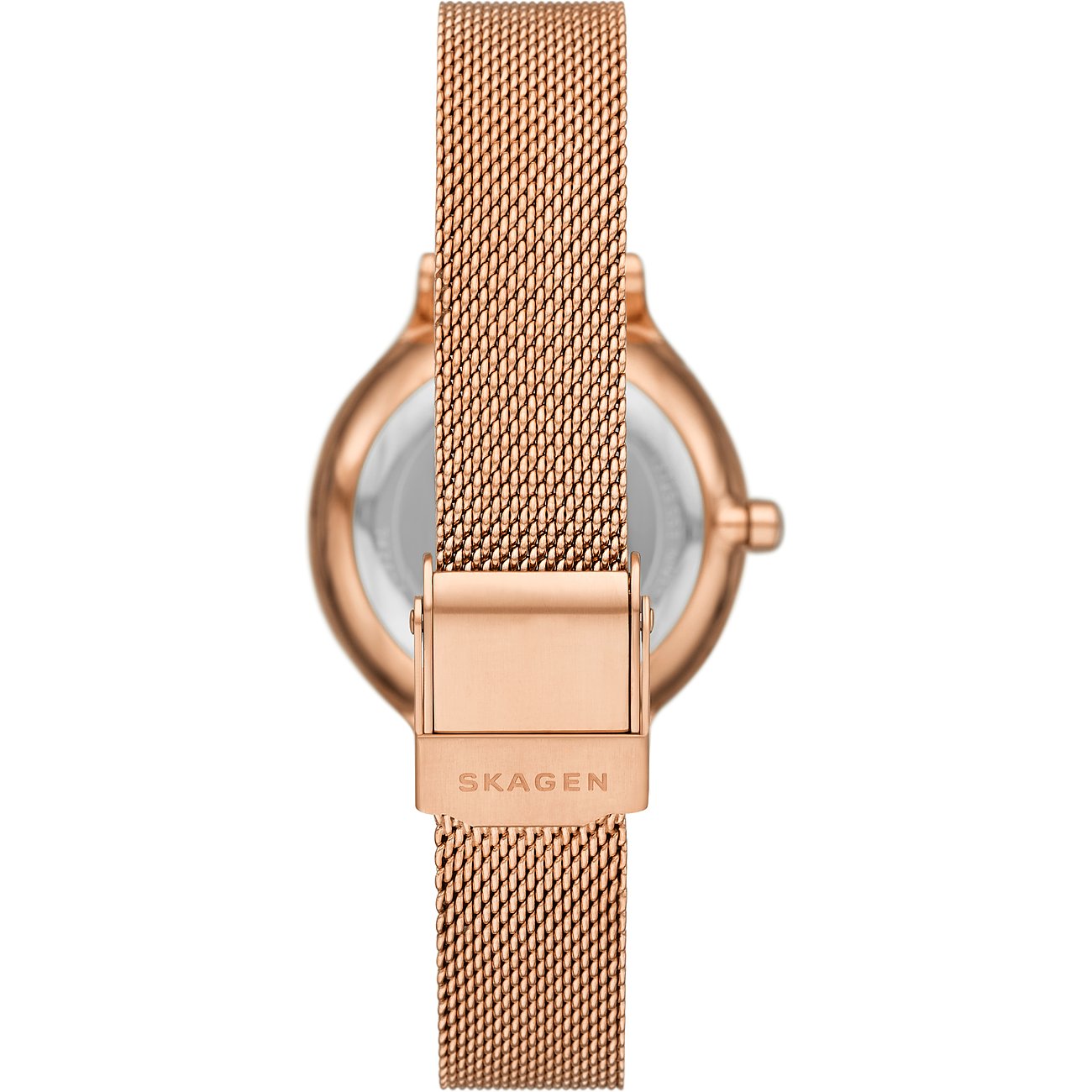 Rückansicht der Skagen Damenuhr aus roségoldfarbenem Edelstahl mit Milanese-Armband und Skagen-Logo auf der Schließe.