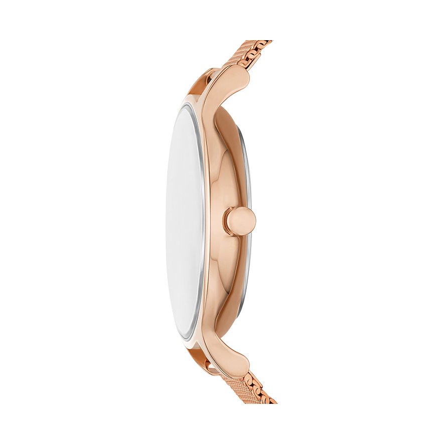 Seitenansicht einer Skagen Damenuhr aus roségoldfarbenem Edelstahl mit weißem Zifferblatt und feinem Gliederarmband.