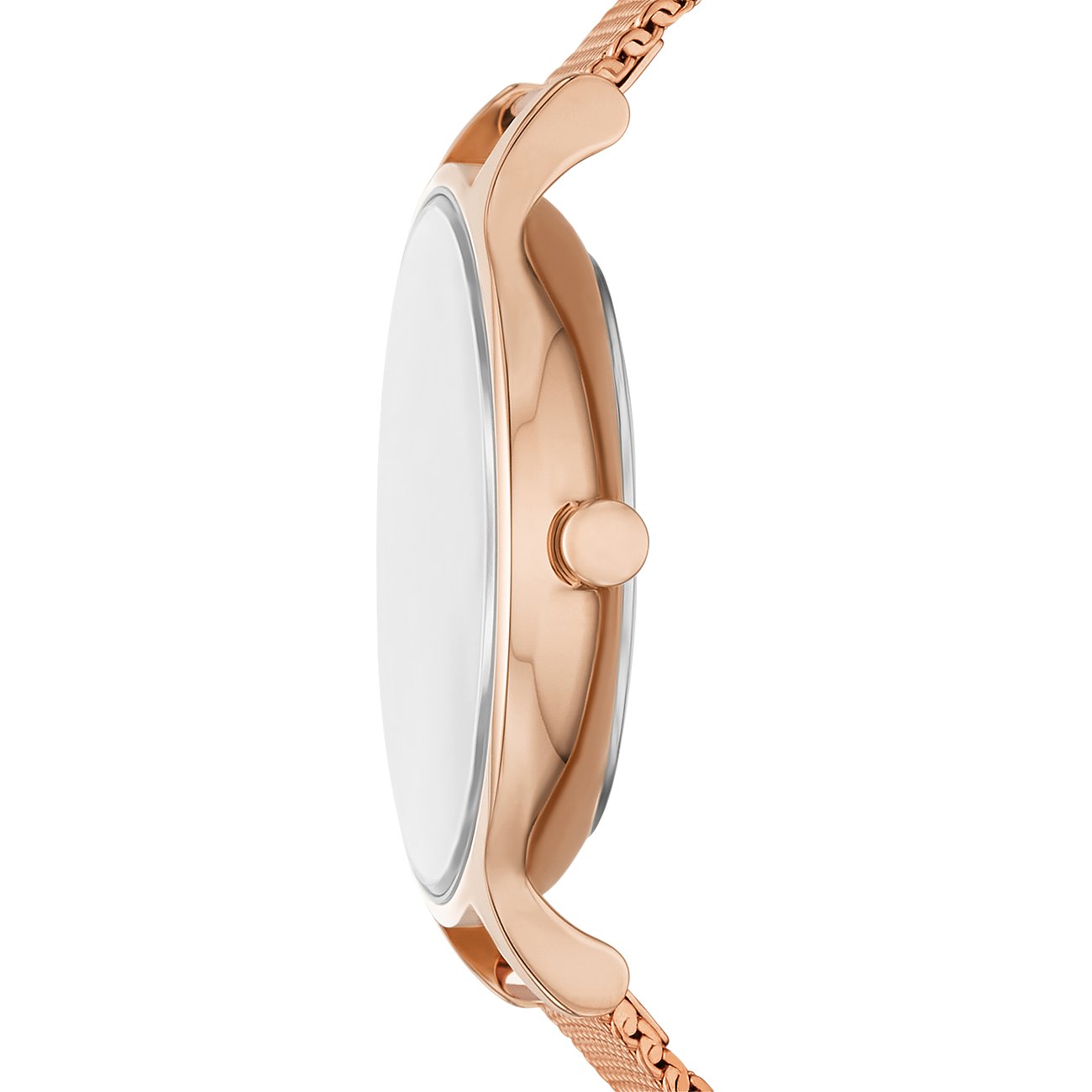 Seitenansicht einer Skagen Damenuhr aus roségoldfarbenem Edelstahl mit weißem Zifferblatt und feinem Gliederarmband.