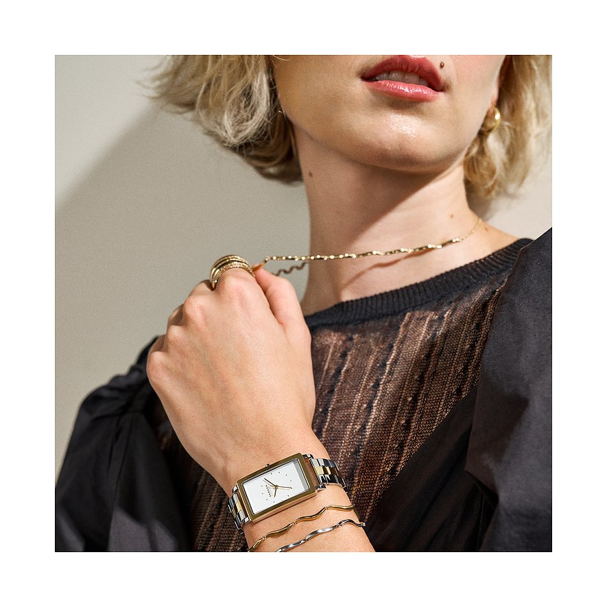 Skagen Damenuhr mit Edelstahlgehäuse, rechteckigem Gehäuse und bicolor Armband.