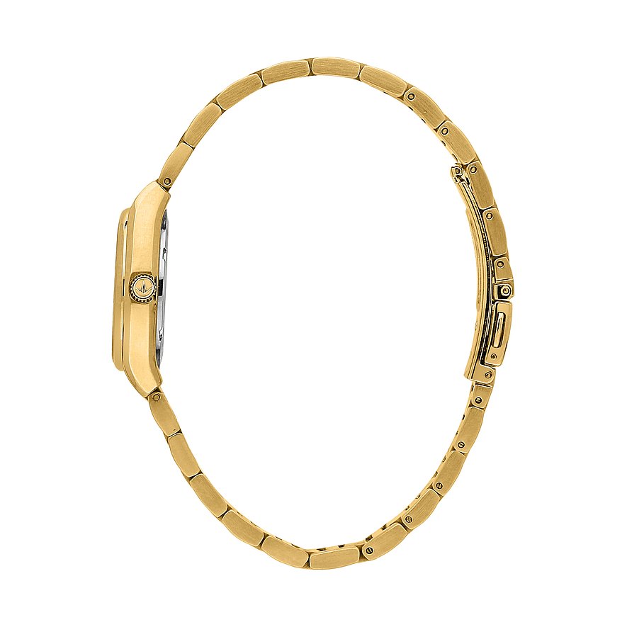 Seitenansicht der goldenen Lucien Rochat Damenuhr aus Edelstahl mit geschlossener Dornschließe.