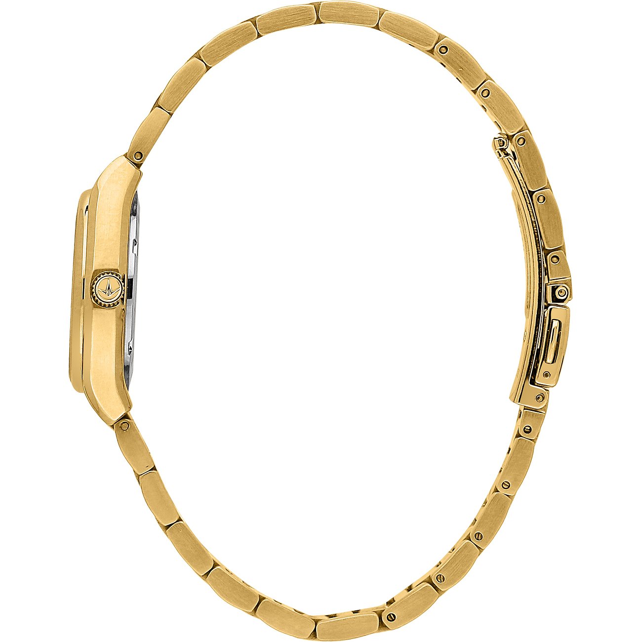 Seitenansicht der goldenen Lucien Rochat Damenuhr aus Edelstahl mit geschlossener Dornschließe.