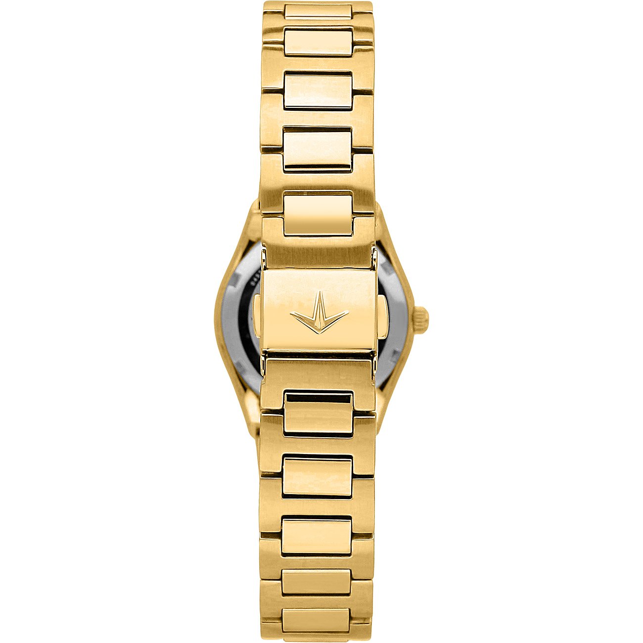 Rückseite einer goldenen Lucien Rochat Damenuhr aus Edelstahl von oben gesehen, mit sichtbarem Verschluss.