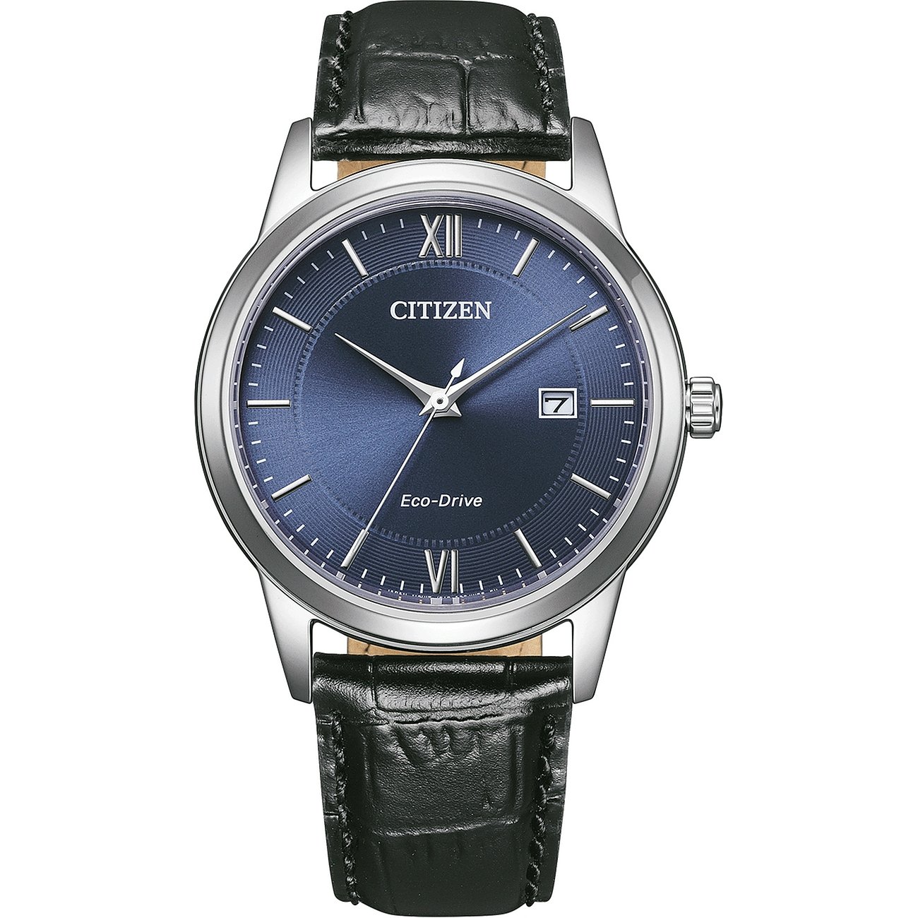 Citizen Herrenuhr aus Edelstahl mit dunklem Zifferblatt und schwarzem Lederarmband, schräg von oben.