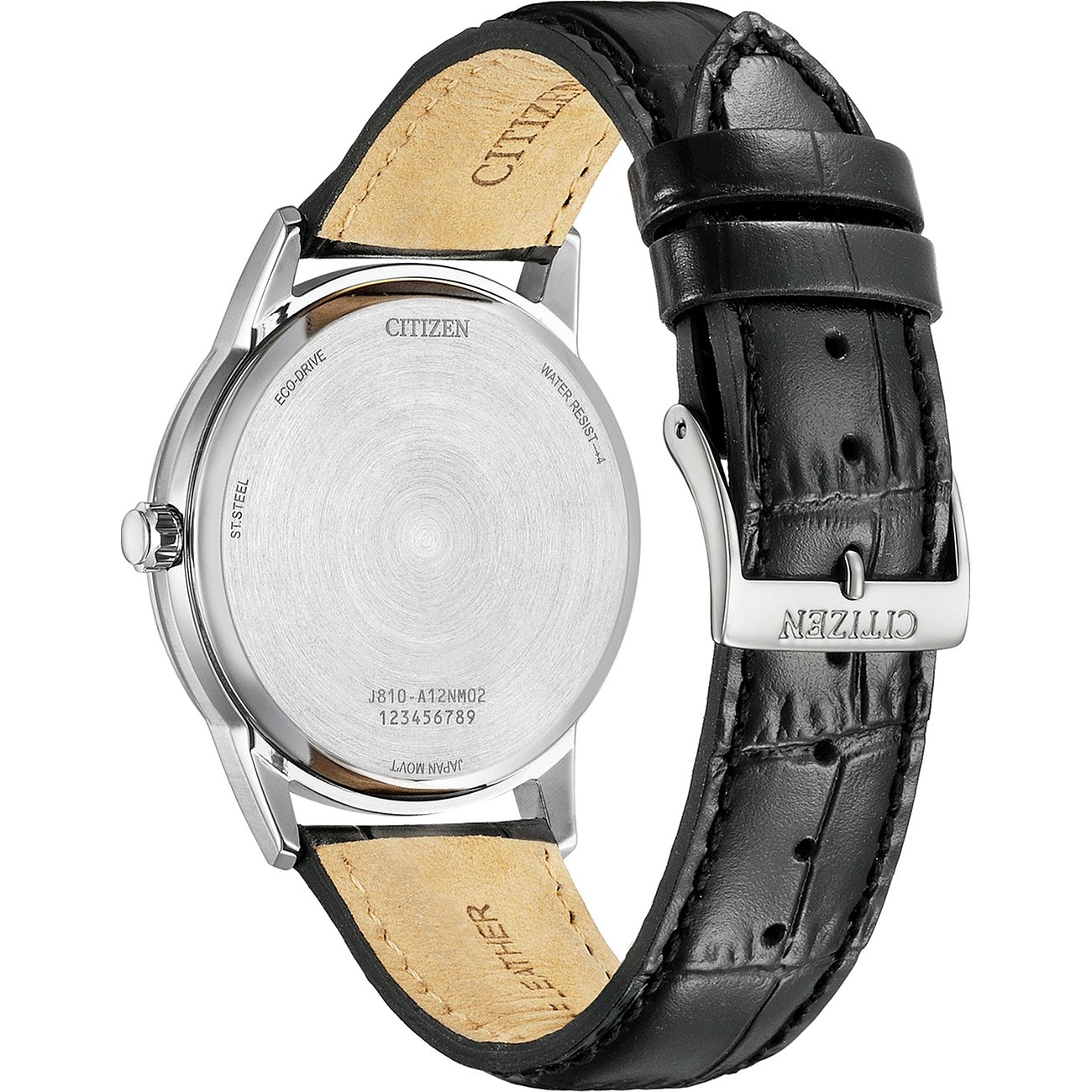 Die Rückseite einer Citizen Herrenuhr aus Edelstahl mit schwarzem Lederarmband und Dornschließe.