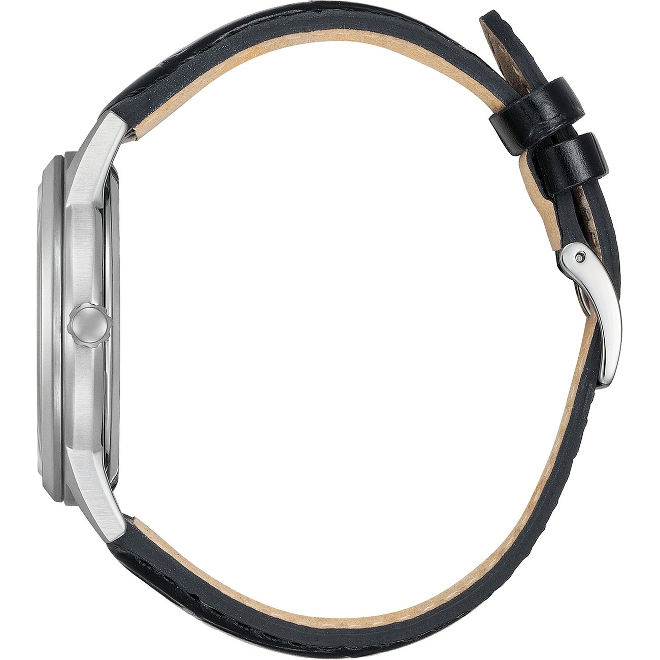 Seitenansicht der Citizen Herrenuhr aus Edelstahl mit schwarzem Lederarmband und polierter silberner Schließe.