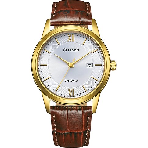 Citizen Herrenuhr mit Edelstahlgehäuse, analog, mit Datumsanzeige und braunem Lederarmband.