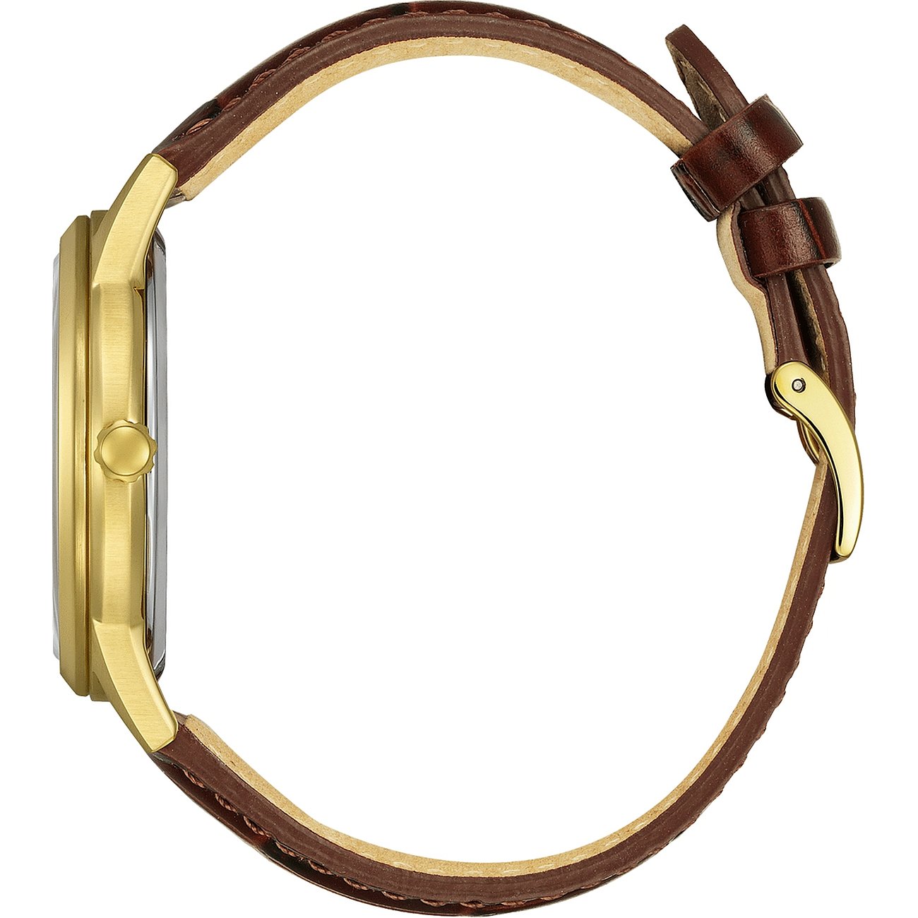 Citizen Herrenuhr mit Edelstahlgehäuse, goldfarben, braunes Lederarmband.