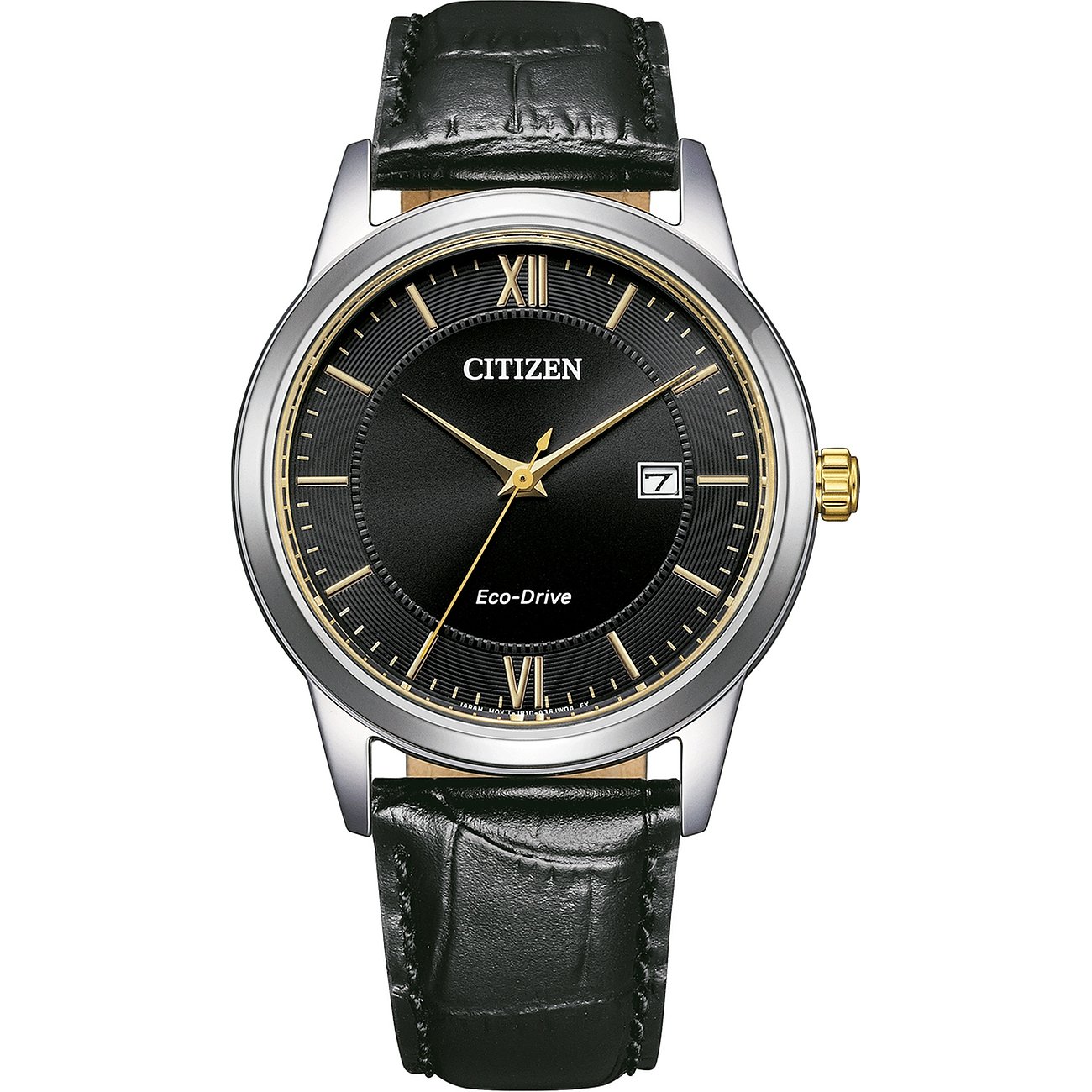 Die Citizen Herrenuhr aus silberfarbenem Edelstahl hat ein schwarzes Zifferblatt und ein schwarzes Lederarmband.