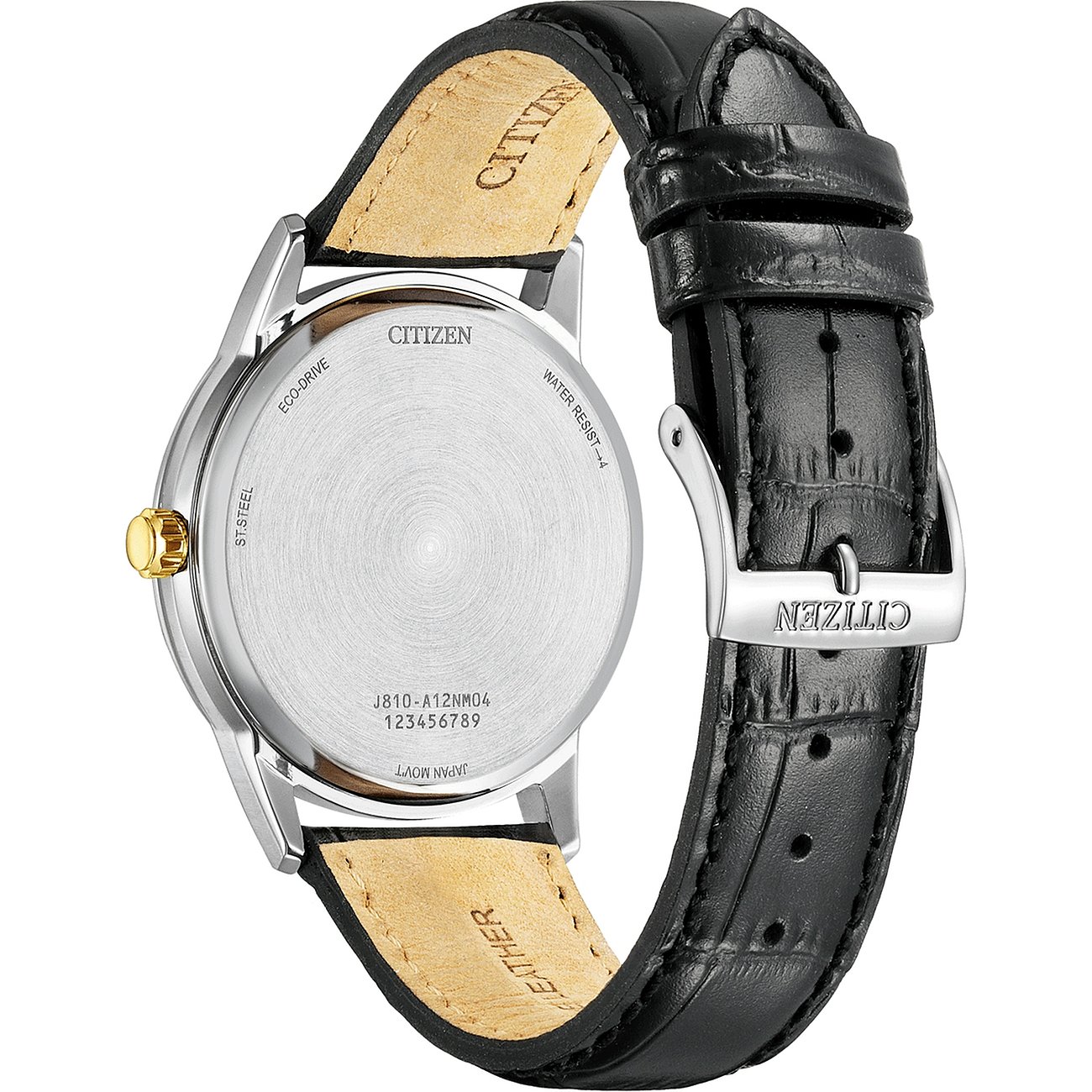 Rückansicht einer Citizen Herrenuhr aus Edelstahl mit schwarzem Lederarmband und polierter silberner Schließe.