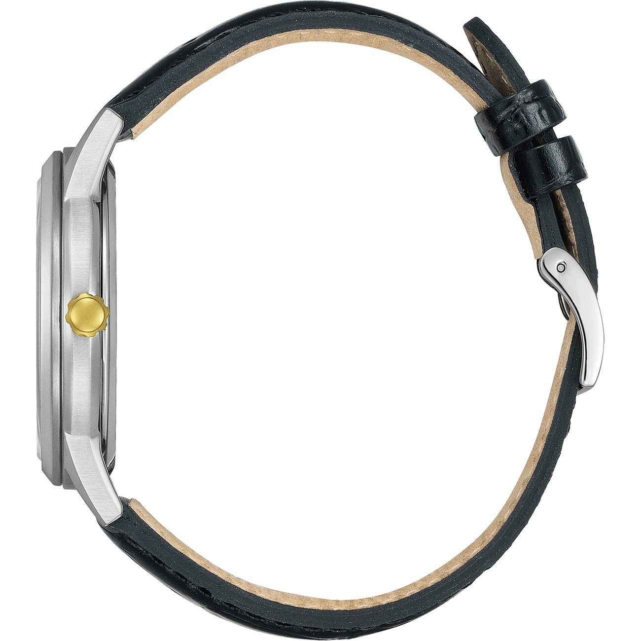 Seitenansicht der Citizen Herrenuhr aus Edelstahl mit einem schwarzen Lederarmband und goldener Krone.