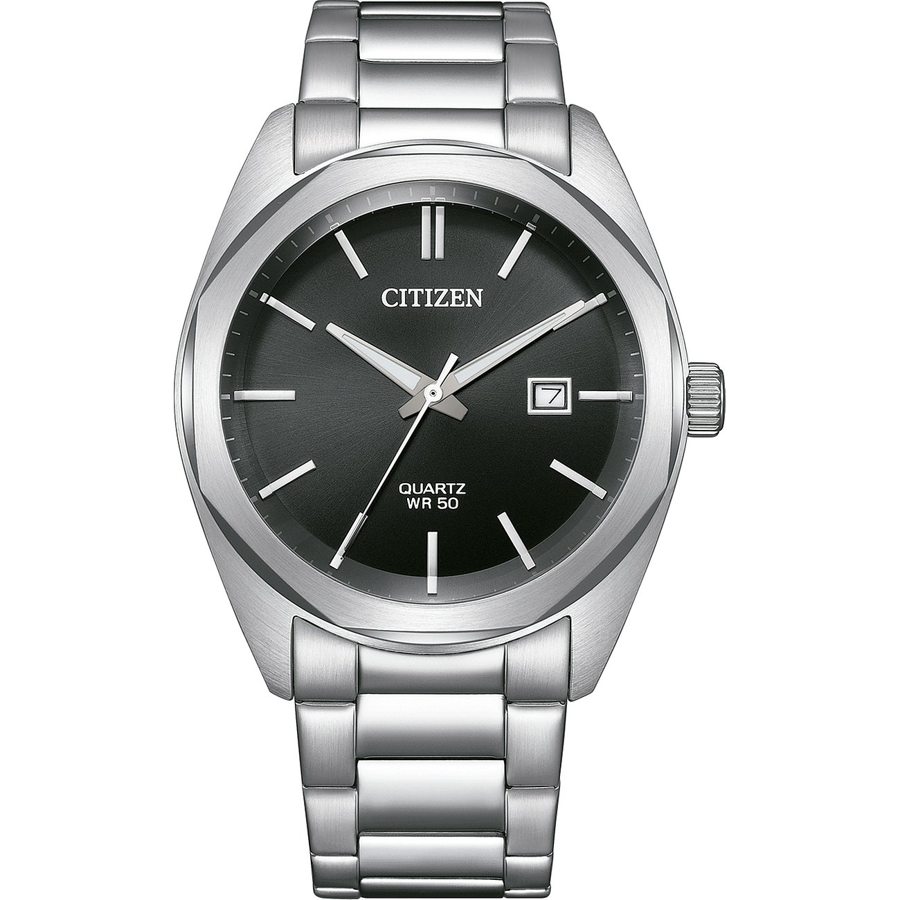 Citizen Herrenuhr mit Edelstahlgehäuse, schwarzem Zifferblatt und Datumsanzeige.