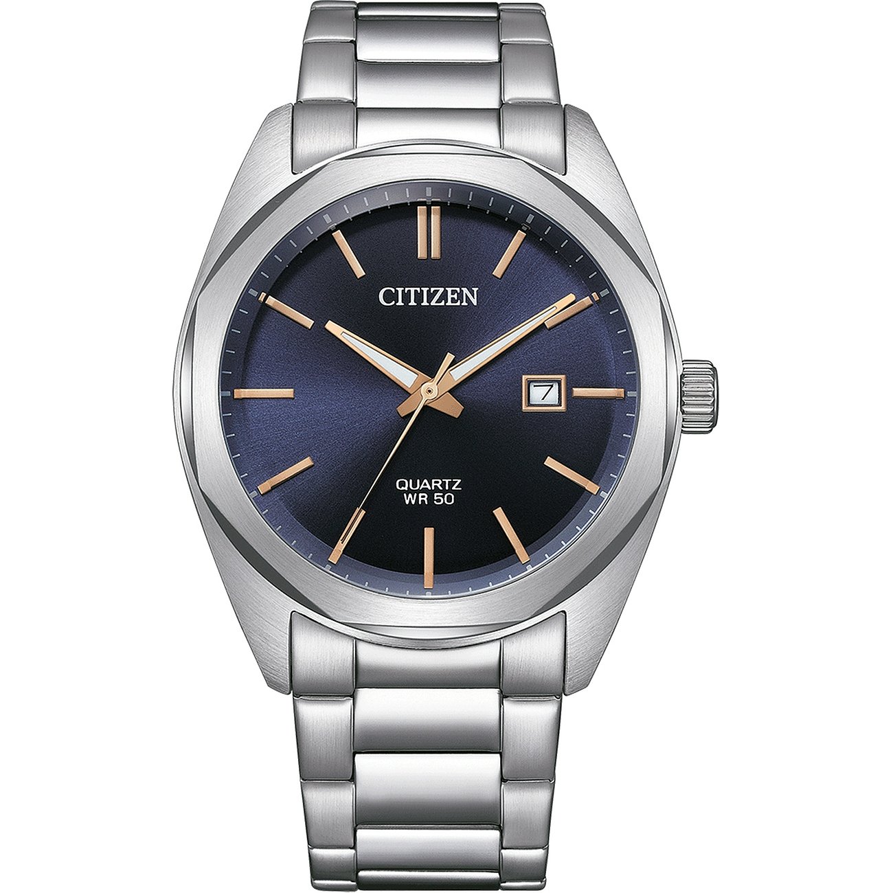 Citizen Herrenuhr mit Edelstahlgehäuse, blauem Zifferblatt und goldenen Akzenten.