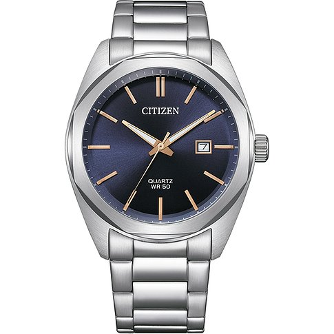 Citizen Herrenuhr mit Edelstahlgehäuse, blauem Zifferblatt und goldenen Akzenten.