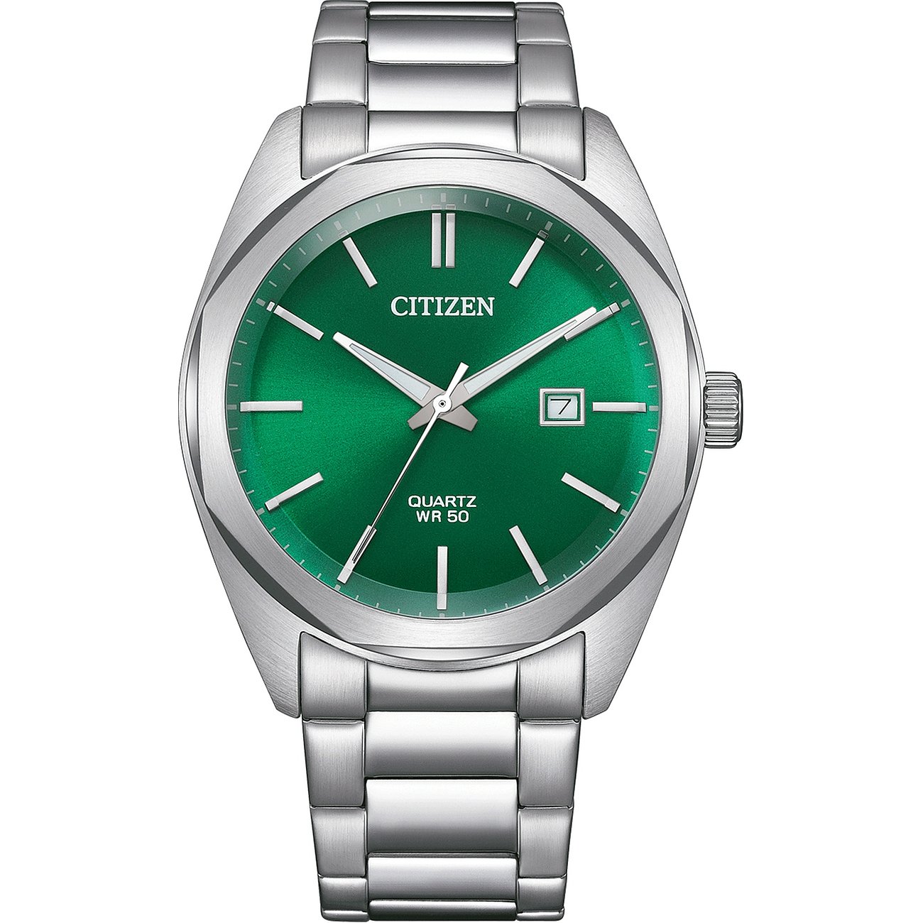 Citizen Herrenuhr mit Edelstahlgehäuse und grünem Zifferblatt.