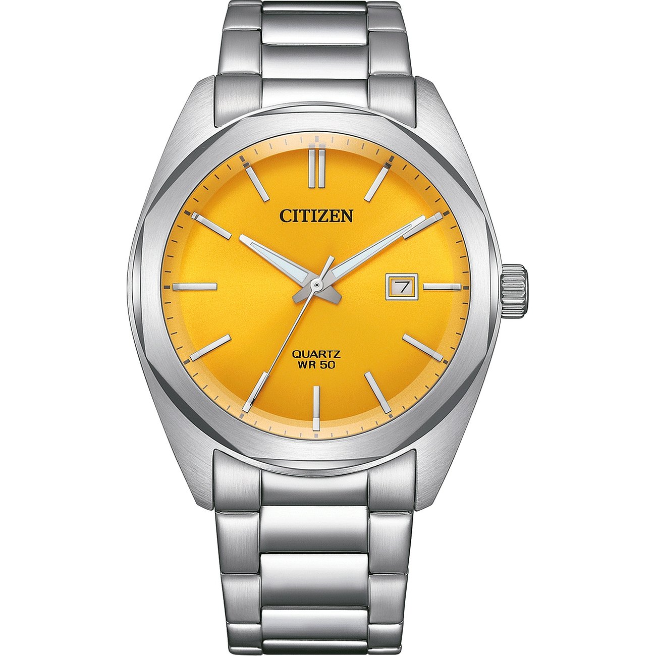 Citizen Herrenuhr mit Edelstahlgehäuse und gelbem Zifferblatt.