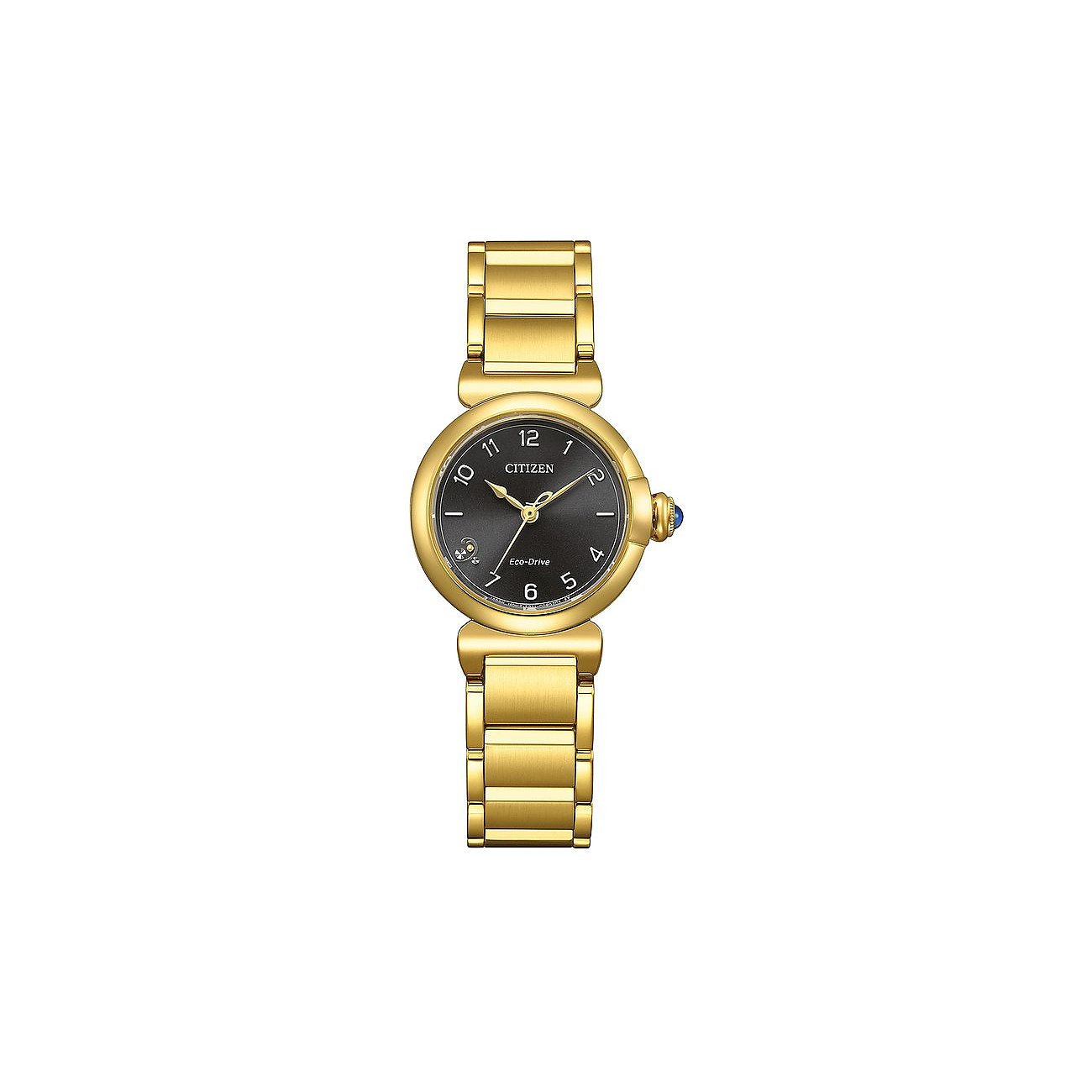 Citizen Damenuhr mit Edelstahlgehäuse, schwarzes Zifferblatt und goldfarbenes Armband.