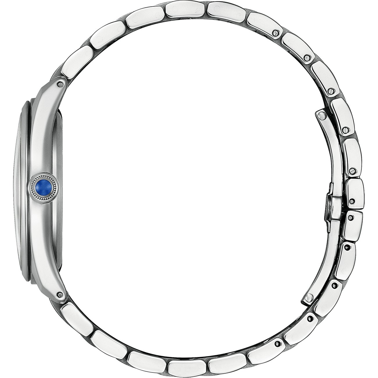 Citizen Damenuhr aus Edelstahl mit blauem Zierstein an der Krone.