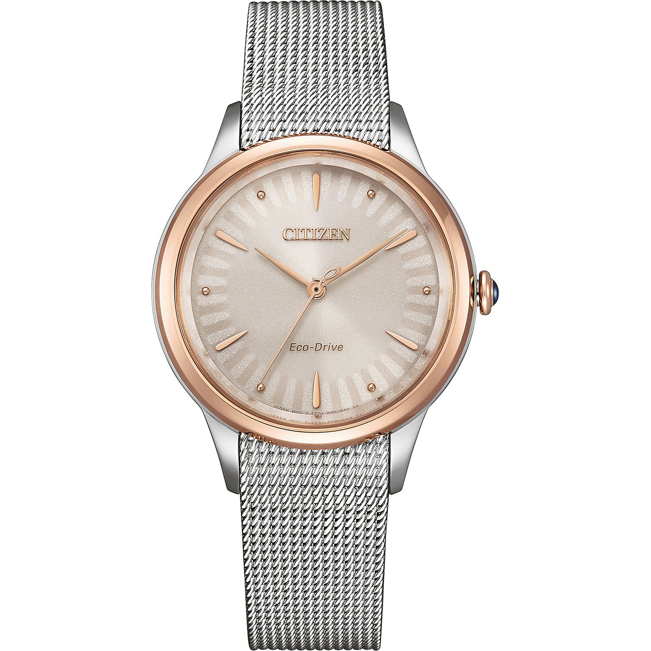 Citizen Damenuhr mit Edelstahlgehäuse, roségoldfarbenem Lünettenrand und Milanaise-Armband.