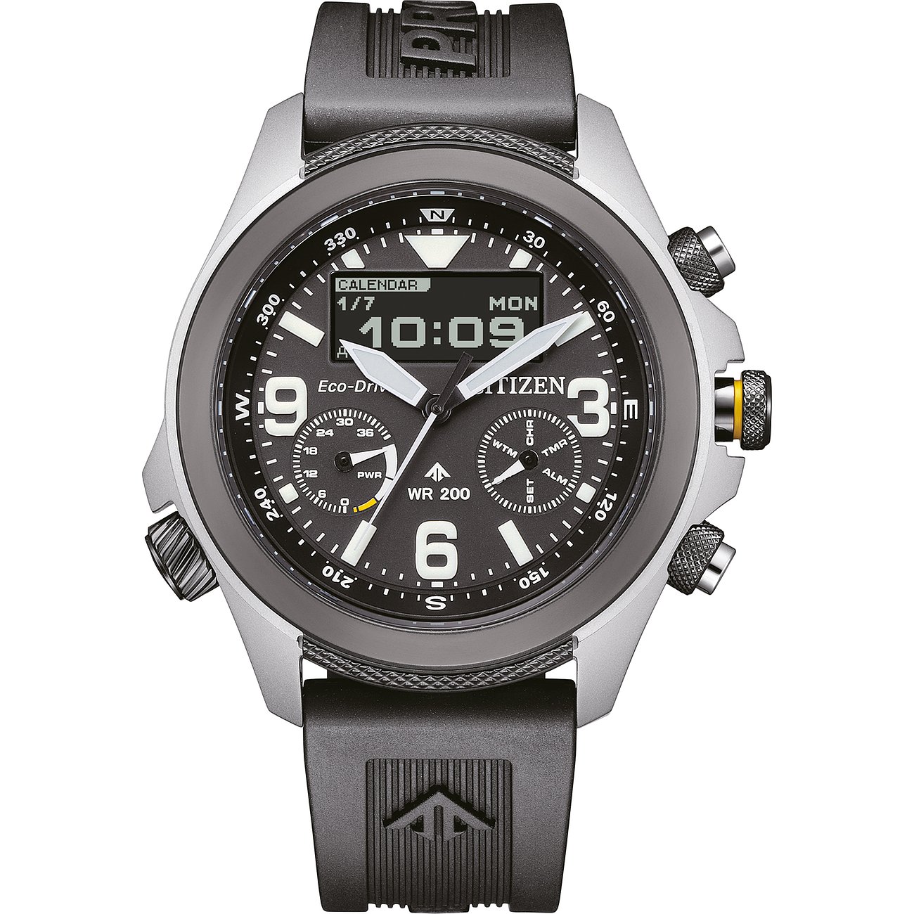 Citizen Herrenuhr mit Edelstahlgehäuse, analog-digital, schwarzes Zifferblatt.