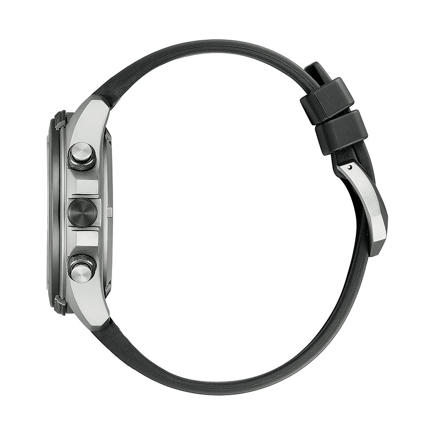 Citizen Herrenuhr mit Edelstahlgehäuse, schwarzem Armband, analog.