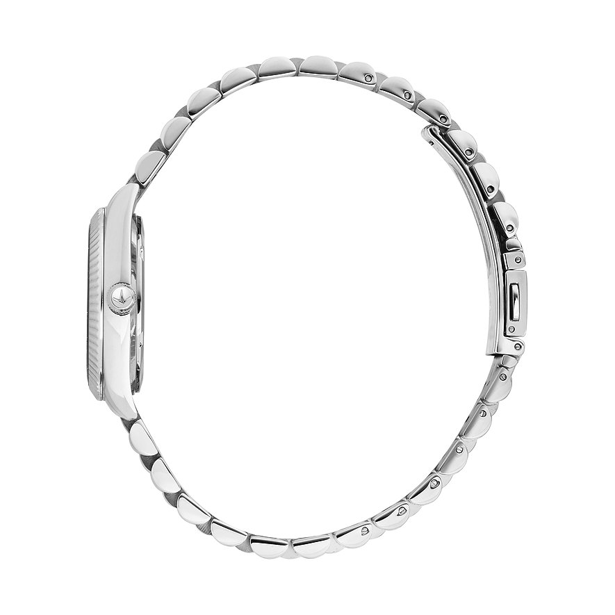 Seitenansicht der Lucien Rochat Damenuhr aus Edelstahl mit glänzendem silbernem Armband und Gehäuse.