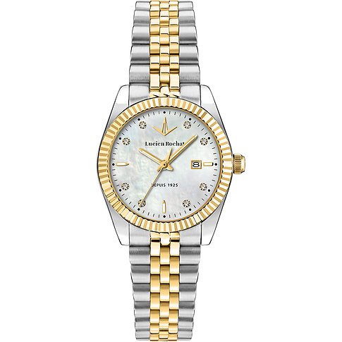 Eine Lucien Rochat Damenuhr aus zweifarbigem Edelstahl mit perlweißem Zifferblatt und glänzenden Markierungen.