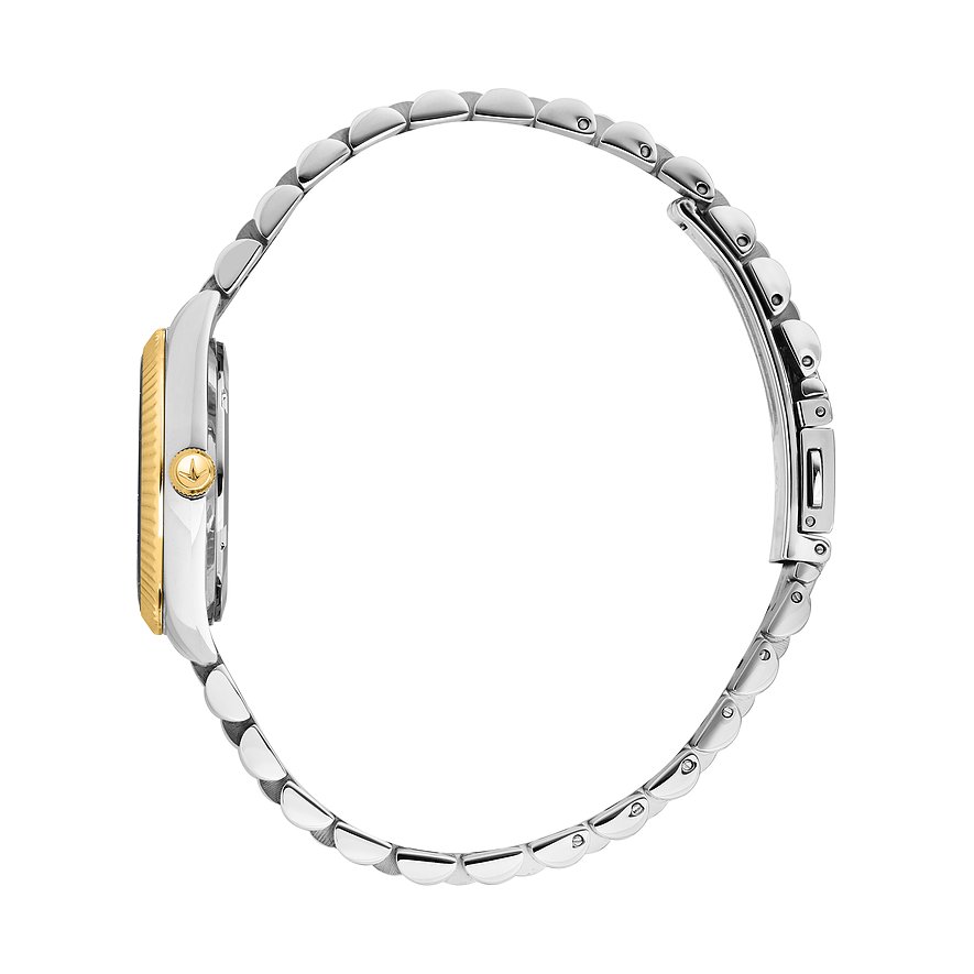 Lucien Rochat Damenuhr aus Edelstahl von der Seite mit silberfarbenem Armband und goldfarbener Krone.