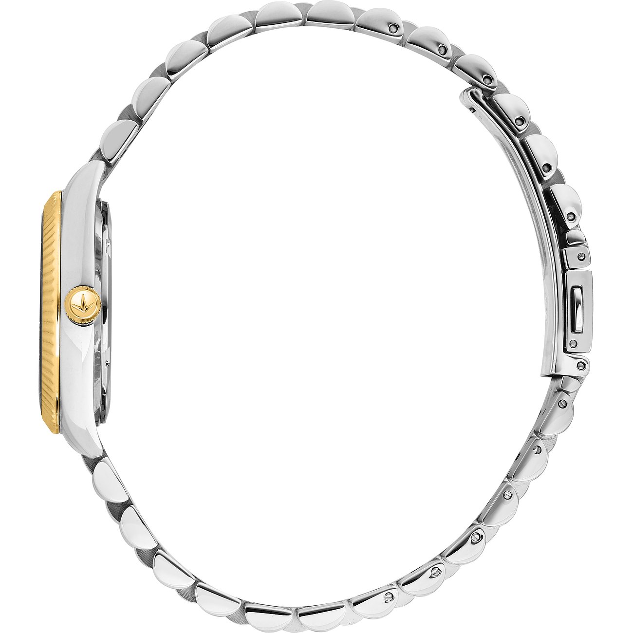 Lucien Rochat Damenuhr aus Edelstahl von der Seite mit silberfarbenem Armband und goldfarbener Krone.