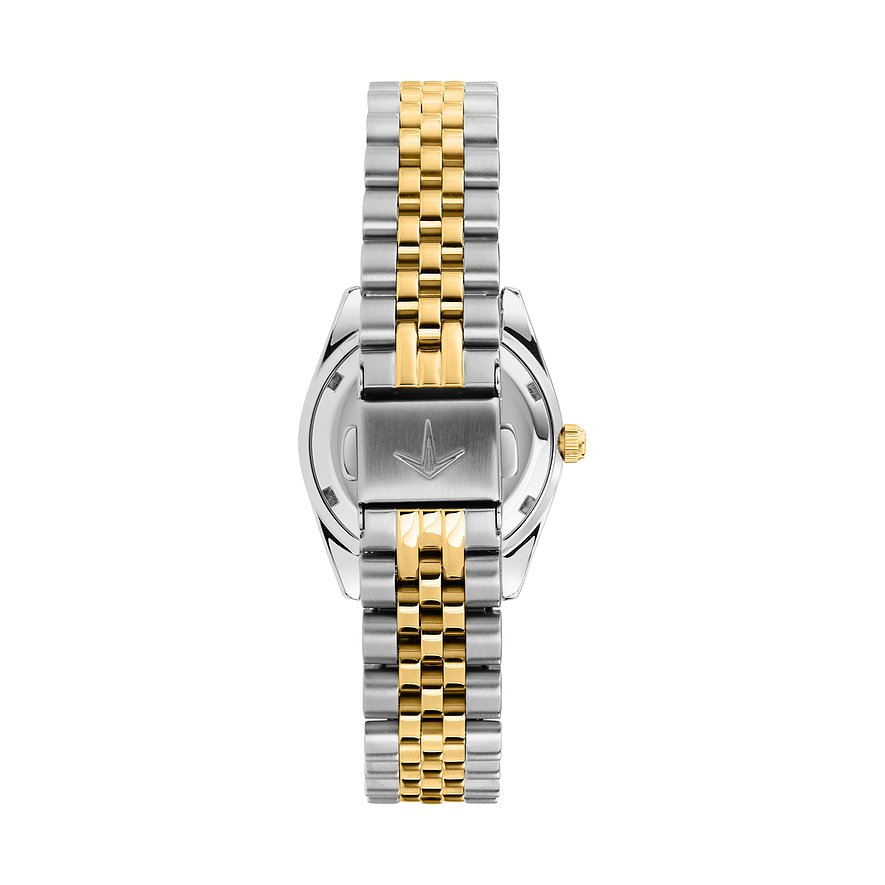 Rückansicht der Lucien Rochat Damenuhr aus bicolor Edelstahl mit goldenen und silberfarbenen Gliedern.