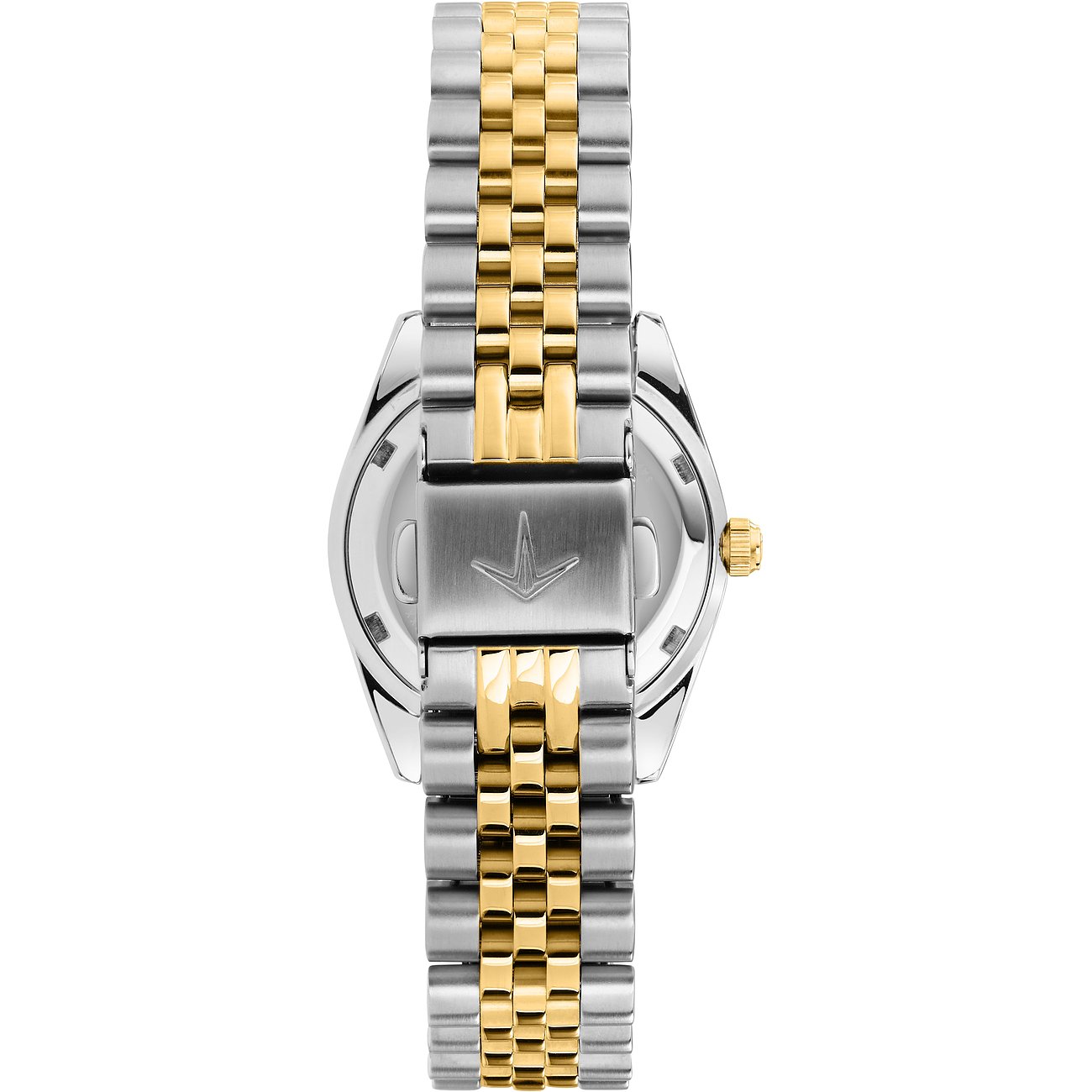 Rückansicht der Lucien Rochat Damenuhr aus bicolor Edelstahl mit goldenen und silberfarbenen Gliedern.