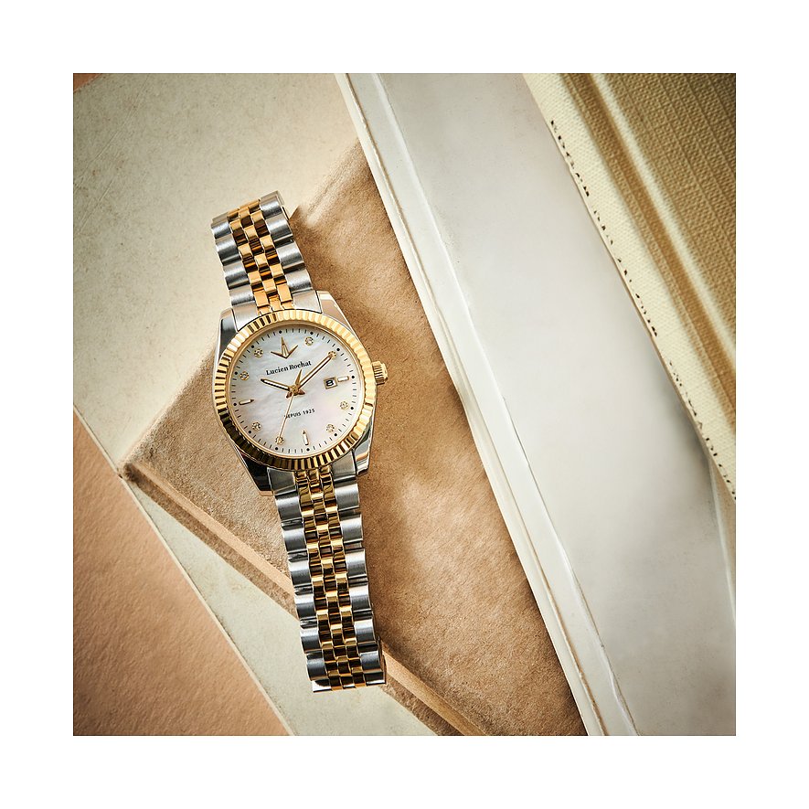 Lucien Rochat Damenuhr aus Edelstahl mit glänzendem gold-silberfarbenem Gliederarmband.
