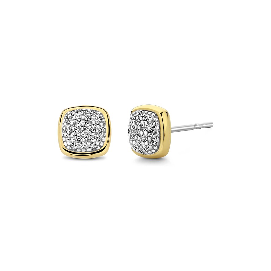 Ti Sento - Puces d'oreilles Milano en argent plaqué or avec éléments pavés carrés de zircon, sur fond blanc.