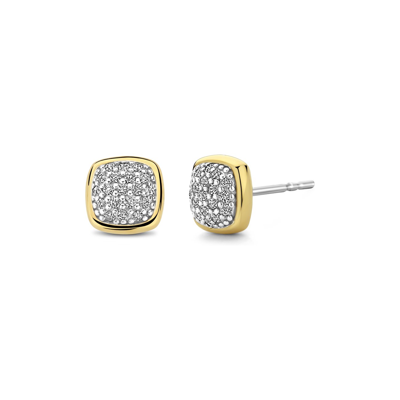 Ti Sento - Puces d'oreilles Milano en argent plaqué or avec éléments pavés carrés de zircon, sur fond blanc.