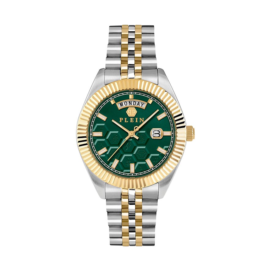 Philipp Plein herrur med boett i rostfritt stål, tvåfärgad, med datumvisning.