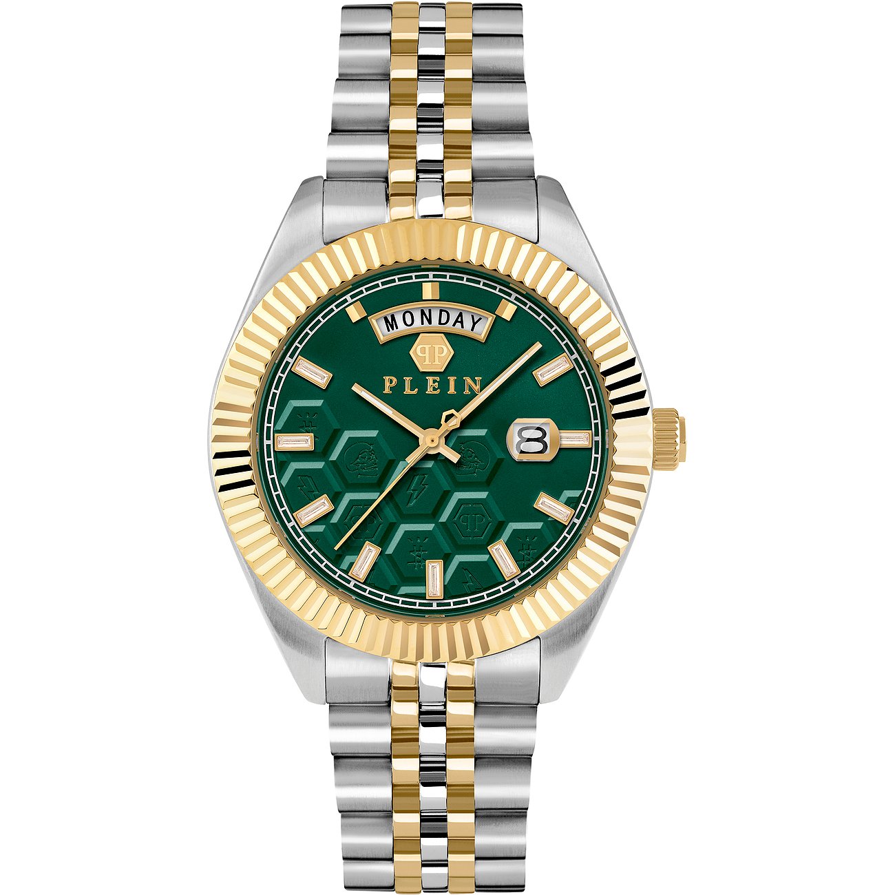 Philipp Plein herrur med boett i rostfritt stål, tvåfärgad, med datumvisning.