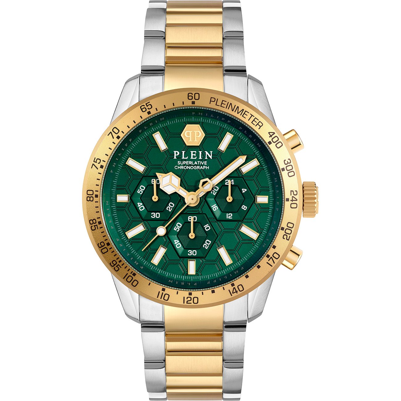 Philipp Plein Herrenuhr mit Edelstahlgehäuse, bicolor, analog, mit Chronograph.